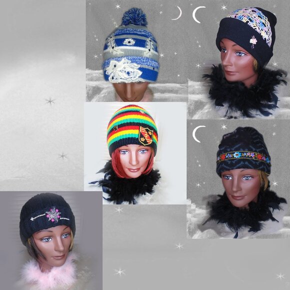 Black Beanie with Star & Rhinestone-Embellished OOAK Acrylic Knit Cap Hat - Picture 8 of 8